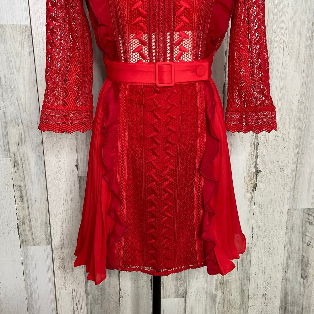 NWT Self-Portrait Red Geometric Lace Dress Guipure Crochet Preppy Twee Size 2 - Picture 6 of 16